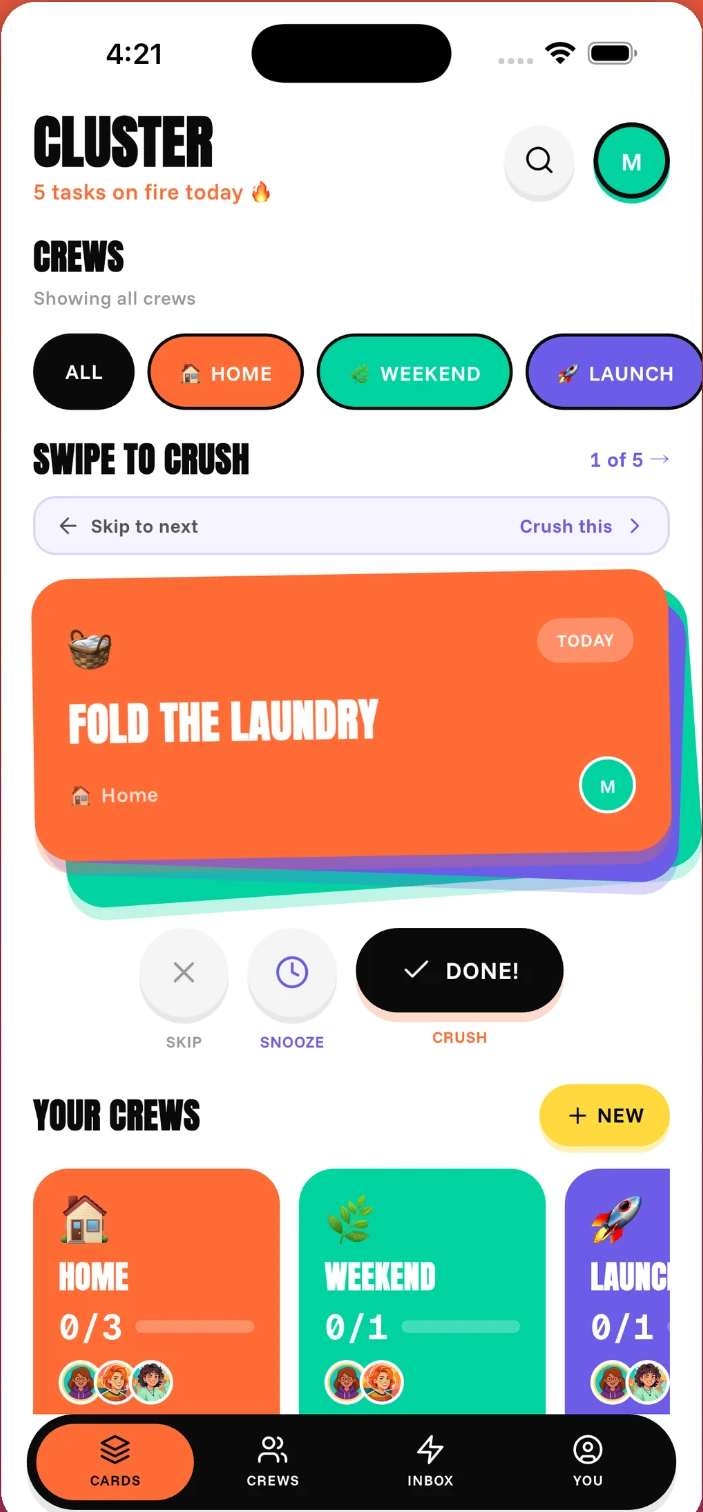 Cluster — Cards: Today's cards, one at a time