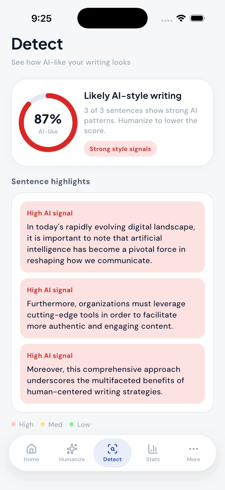 AI Humaniser — Detect: An AI-likeness score with every flagged sentence highlighted