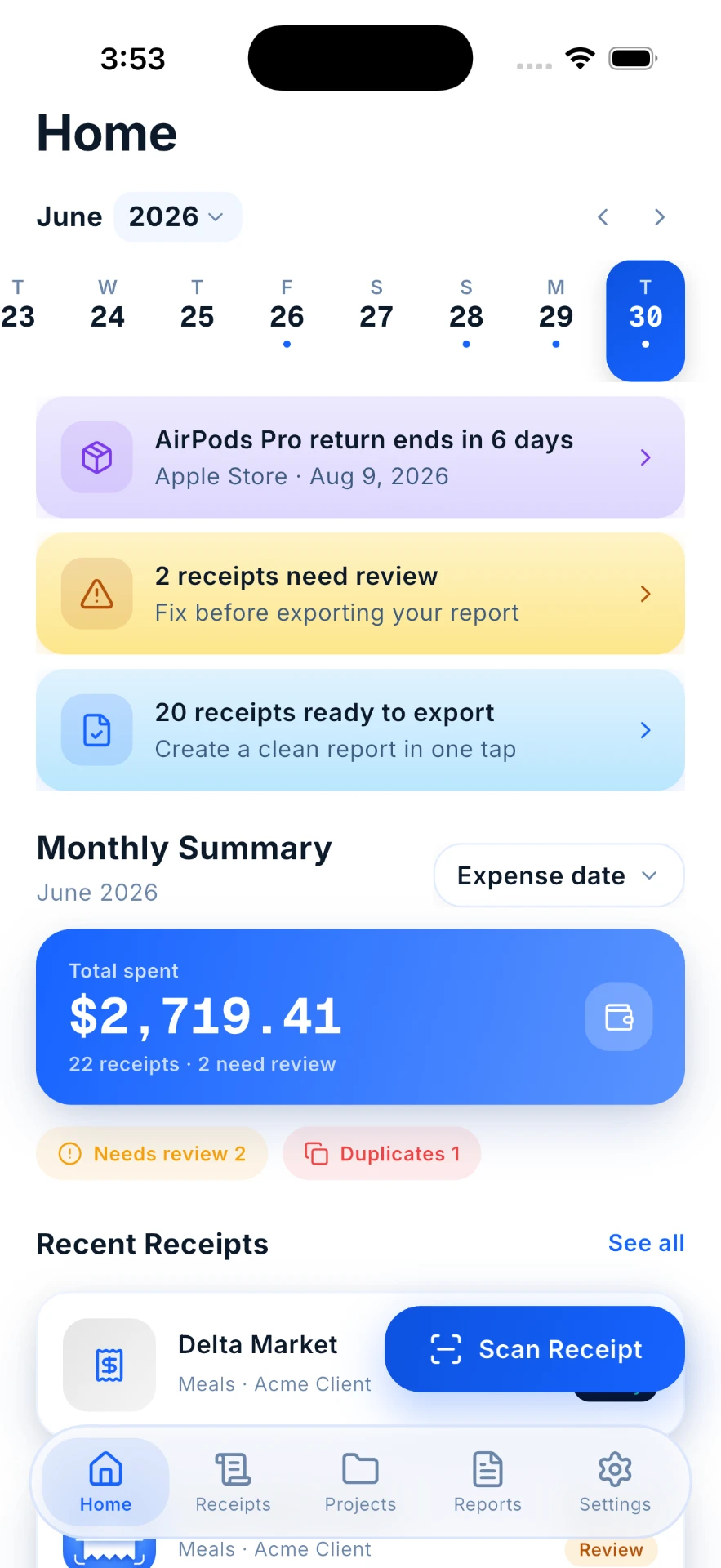 Receipt Scanner — The month so far at a glance