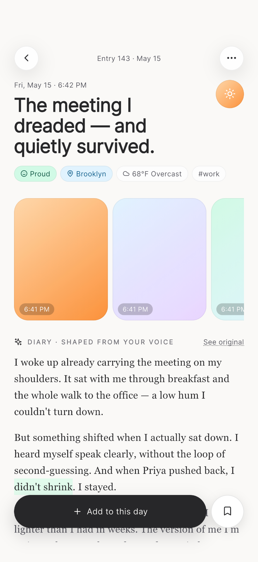 Bloom — Entry: A diary page shaped from your voice